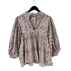 SLV ONE SIZE Lana‎ Classic Blouse Boho Botanical Block Print Gray Pink India